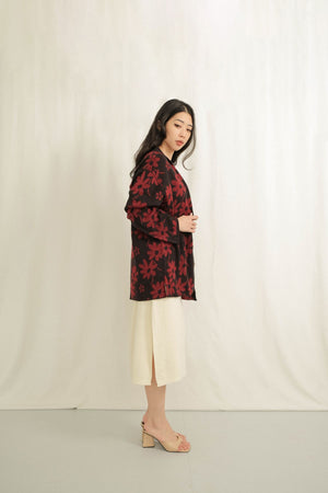 Noir Sur Blanc Flora Lounge Shirt Long Sleeve Black / Maroon