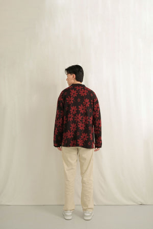 Noir Sur Blanc Men Flora Lounge Shirt Long Sleeve Black / Maroon