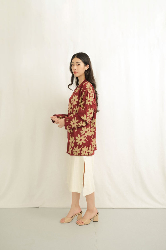 Noir Sur Blanc Flora Lounge Shirt Long Sleeve Maroon / Sand