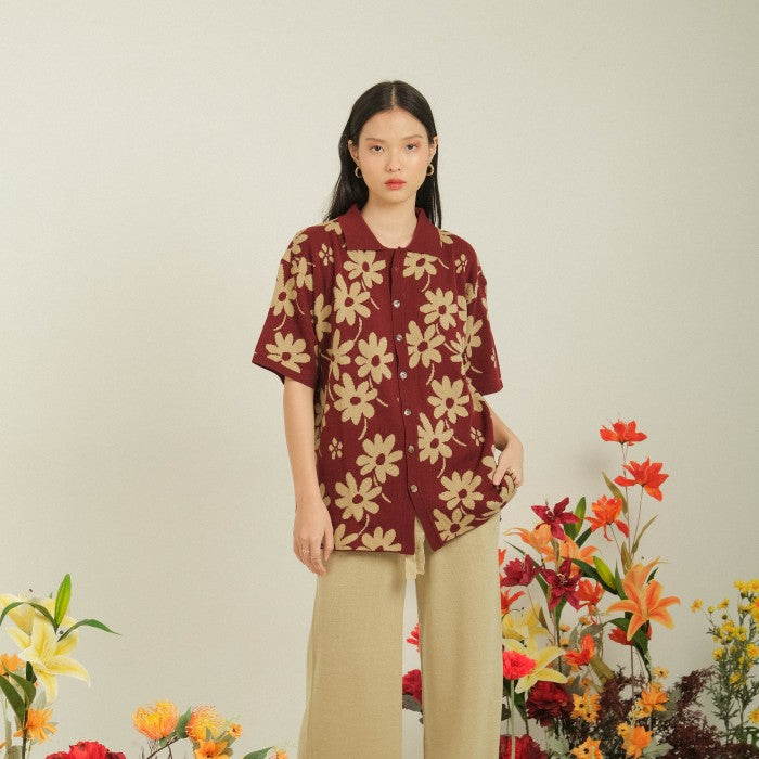 Noir Sur Blanc Flora Lounge Shirt Maroon / Sand